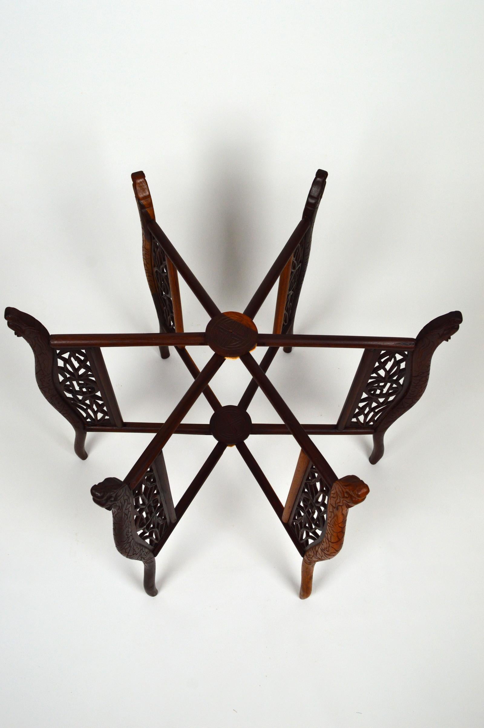 Round Asian Folding Table with Carved Wood and Brass Tray, circa 1890 11