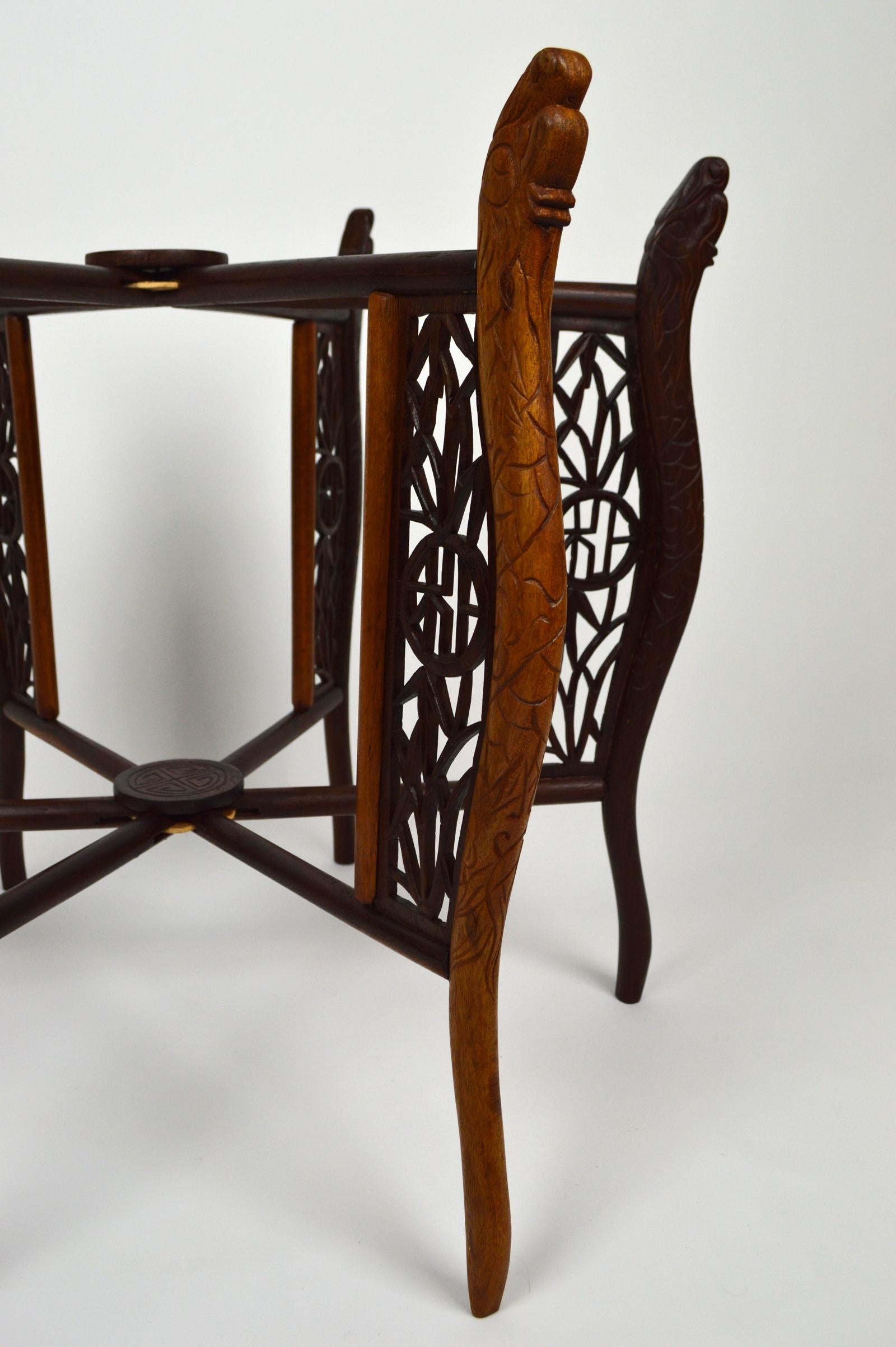 Round Asian Folding Table with Carved Wood and Brass Tray, circa 1890 12
