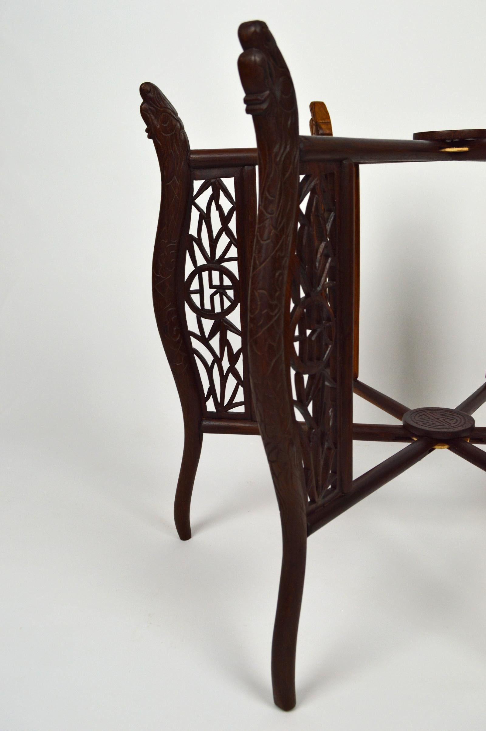 Round Asian Folding Table with Carved Wood and Brass Tray, circa 1890 13