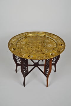 Round Asian Folding Table with Carved Wood and Brass Tray, circa 1890