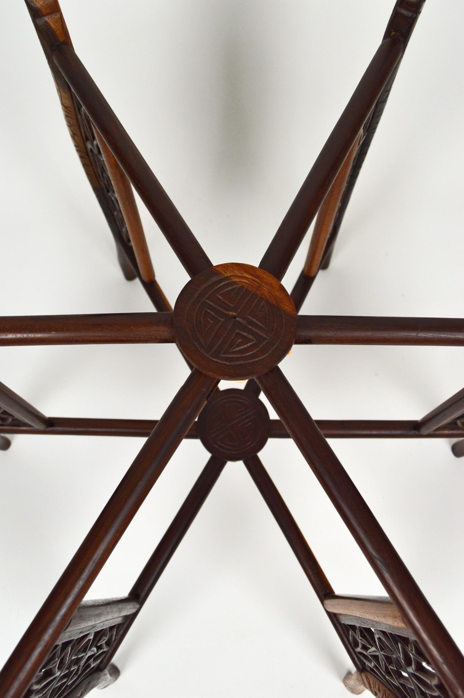 Round Asian Folding Table with Carved Wood and Brass Tray, circa 1890 15