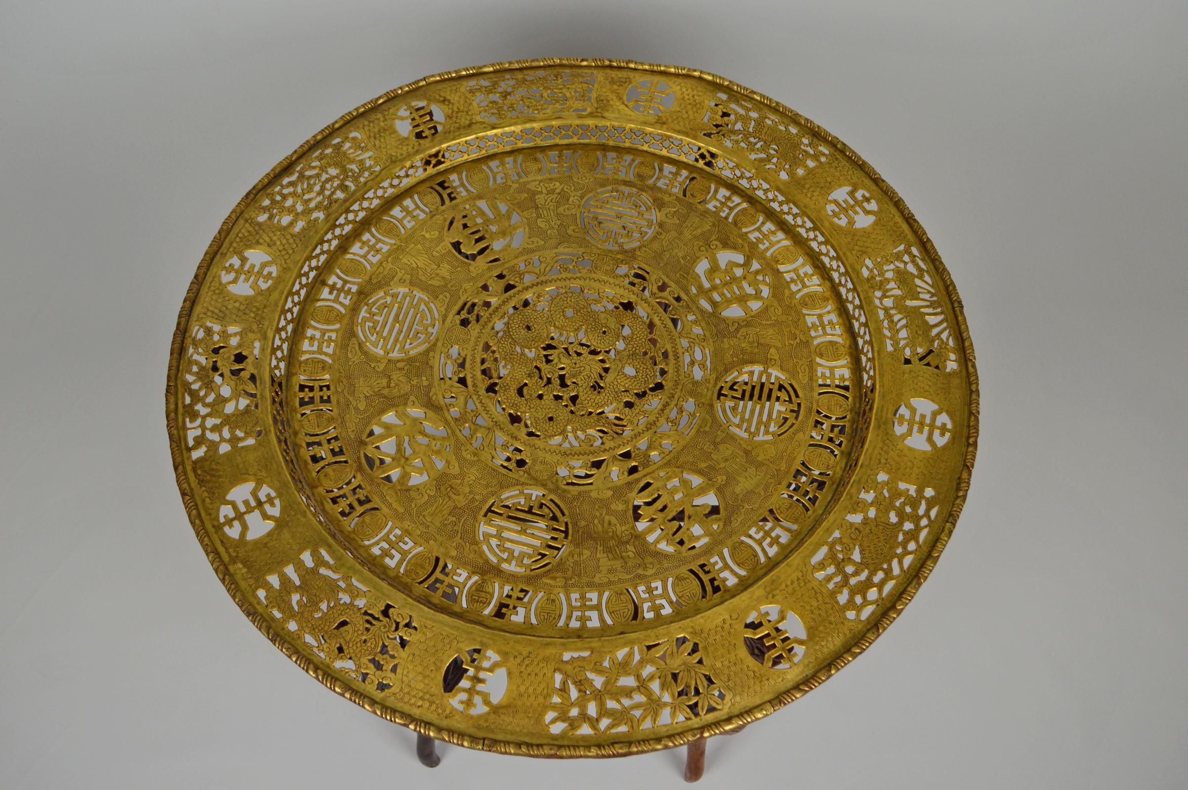 Chinese Export Round Asian Folding Table with Carved Wood and Brass Tray, circa 1890