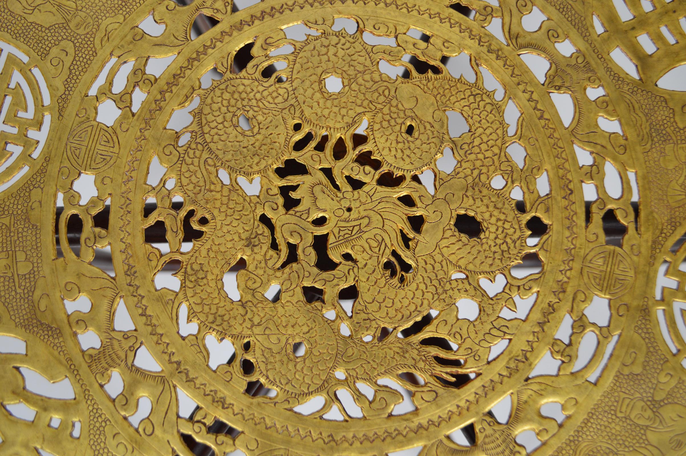 Late 19th Century Round Asian Folding Table with Carved Wood and Brass Tray, circa 1890