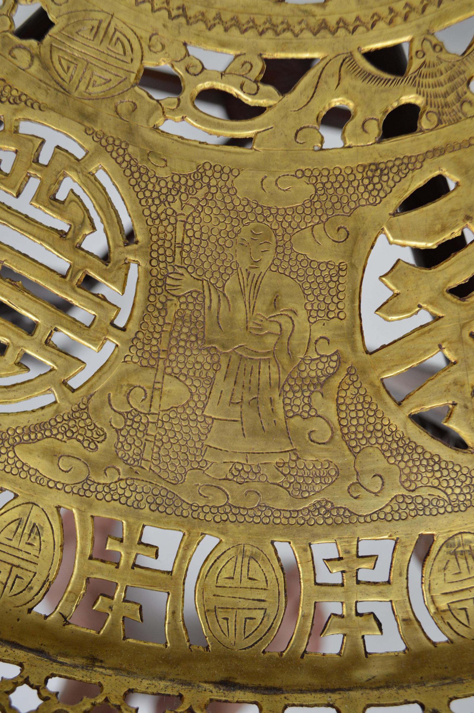 Round Asian Folding Table with Carved Wood and Brass Tray, circa 1890 1