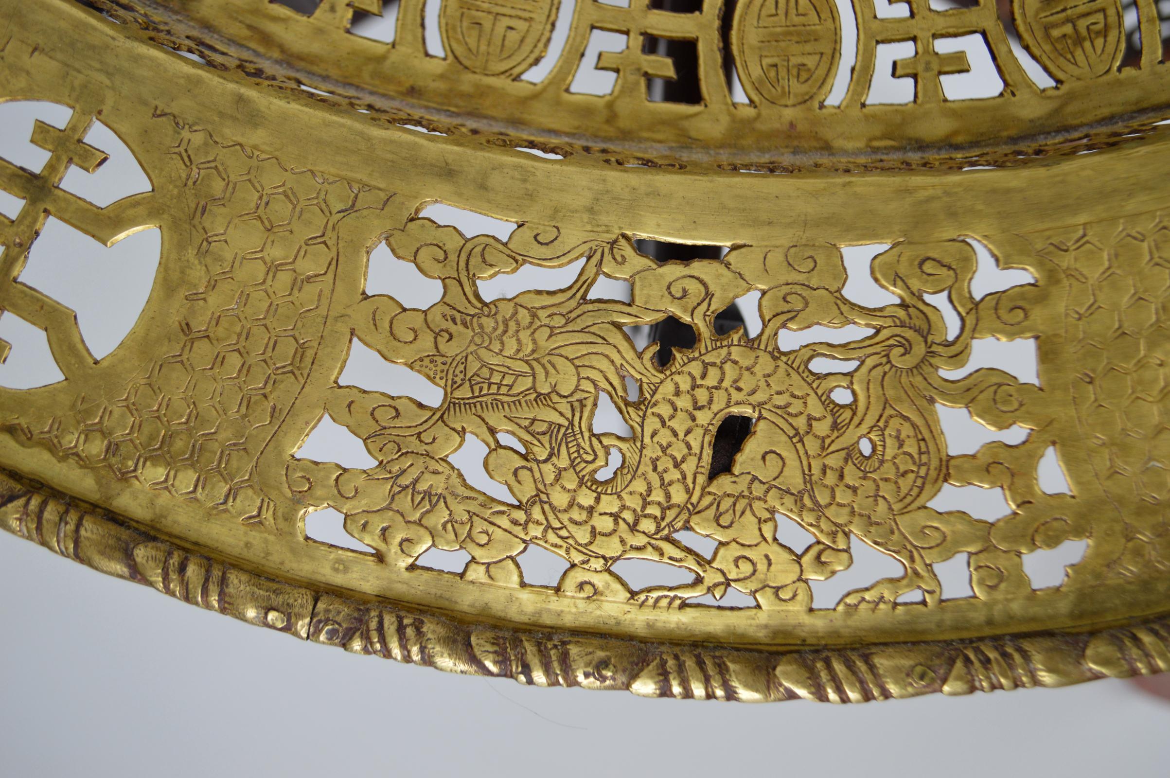 Round Asian Folding Table with Carved Wood and Brass Tray, circa 1890 2