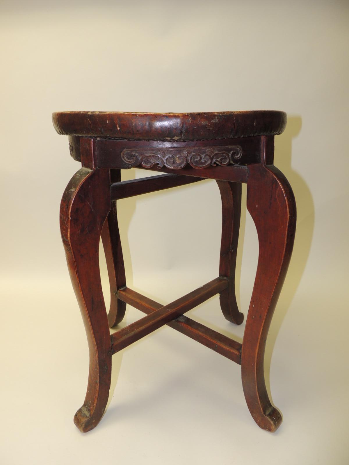 Hand-Crafted Round Asian Side Table or Stool with Carved Apron and Turned Wood Legs