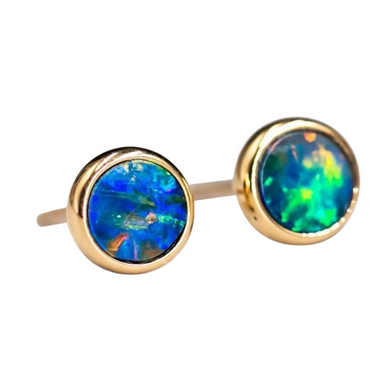 Round Australian Doublet Opal Stud Earrings 14K Yellow Gold