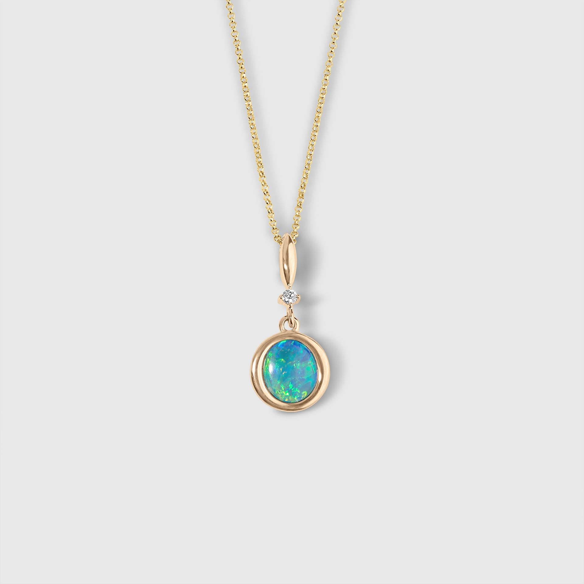Contemporary Round, Australian Opal Inlay Pendant with Diamond Detail, 14kt Gold by Kabana For Sale