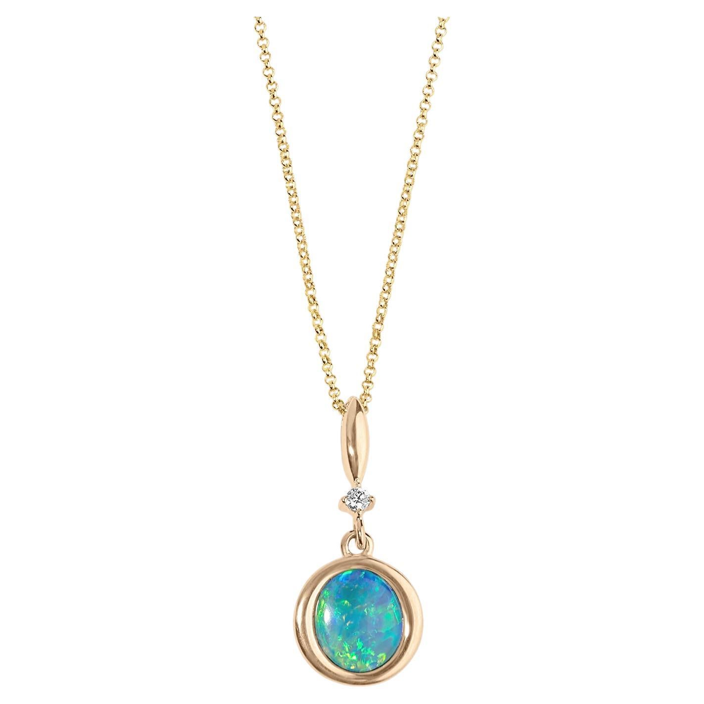 Round, Australian Opal Inlay Pendant with Diamond Detail, 14kt Gold by Kabana For Sale