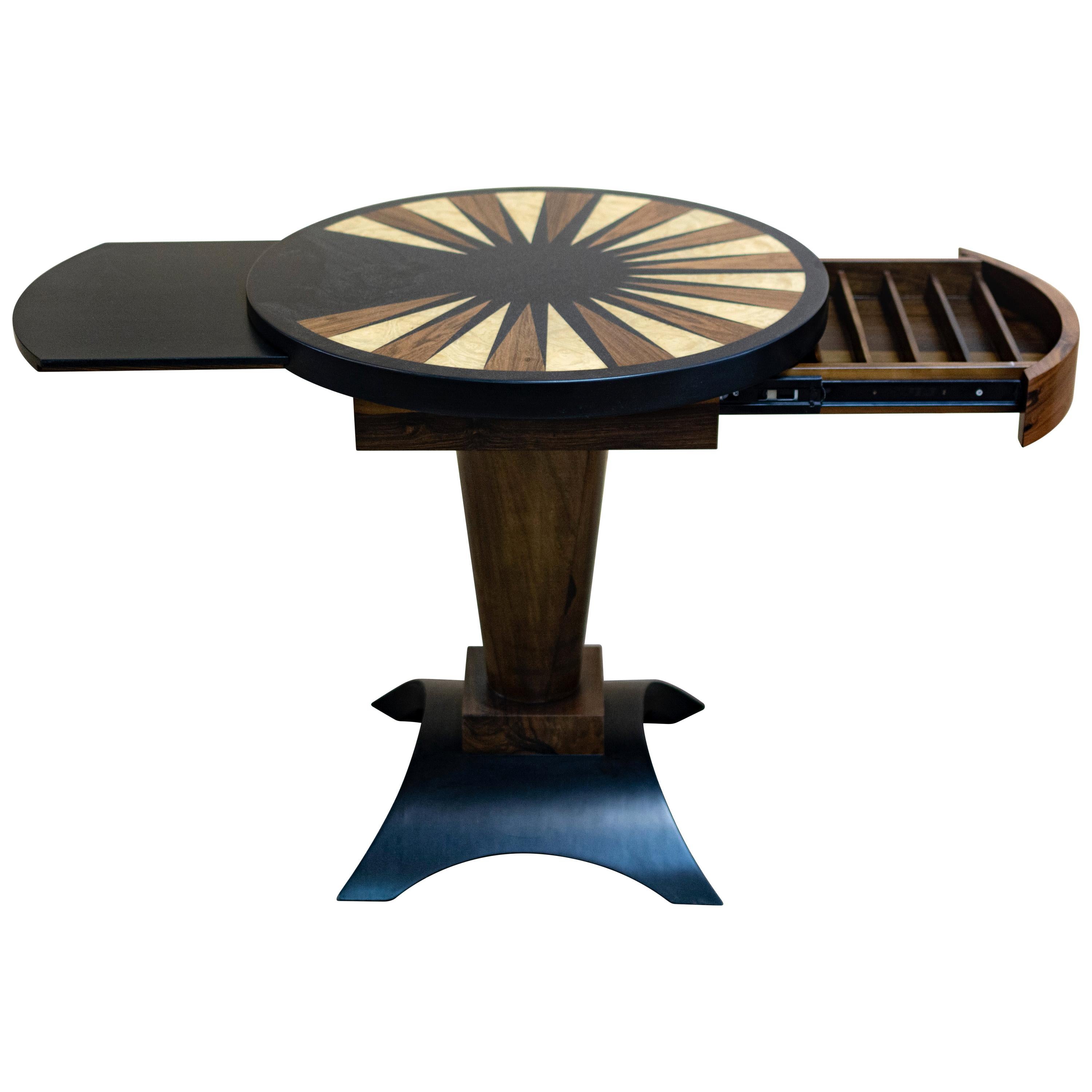 Runder Backgammon-Cocktailtisch aus Ebenholz und Vogelaugenahorn-Intarsien, Cherchio im Angebot