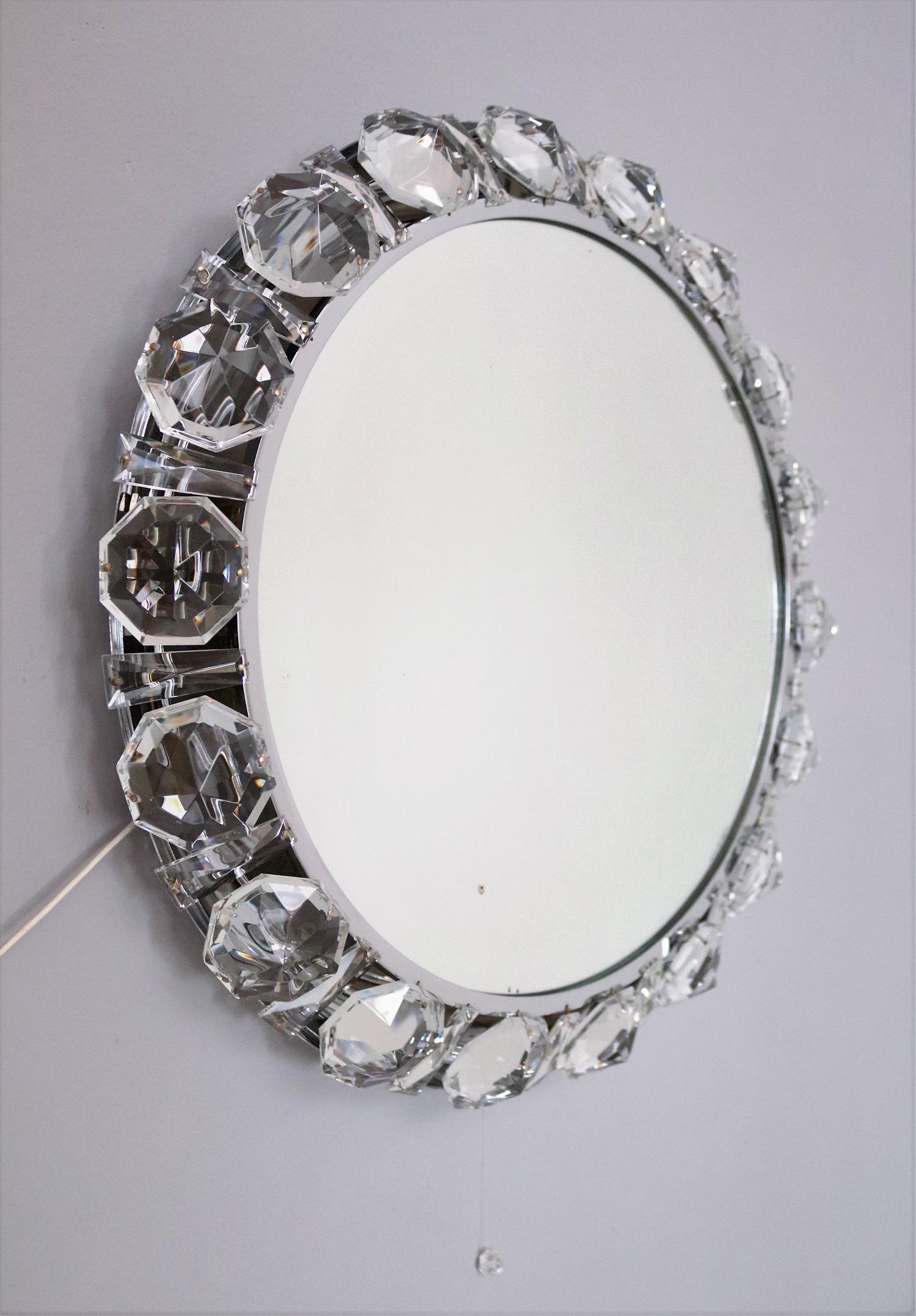 Round Backlit Wall Mirror with Chrome and Crystal Glass by Bakalowits, 1960s For Sale 1