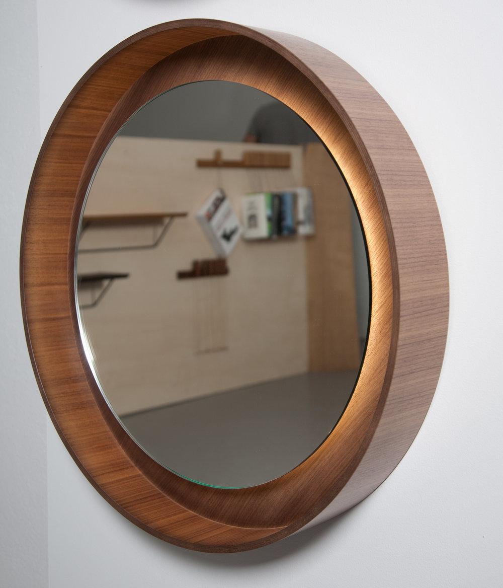 Hand-Carved Round Backlit Wall Mirror with Led Light in Oak, Dim on Rotation For Sale