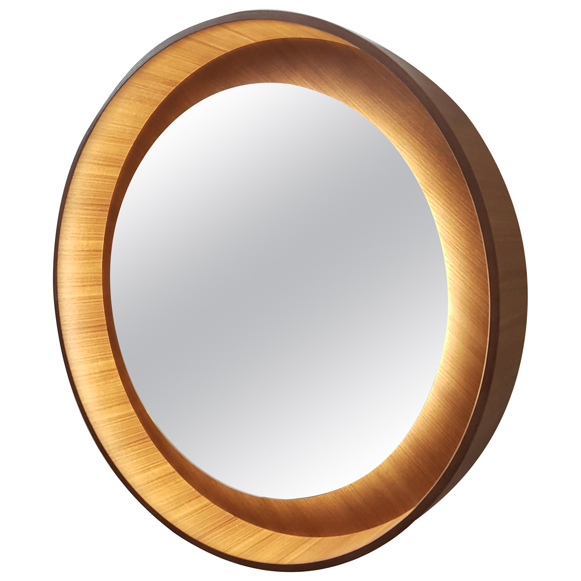 Round Backlit Wall Mirror with Led Light in Oak, Dim on Rotation For Sale