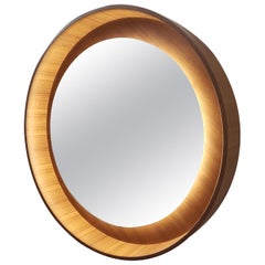 Round Backlit Wall Mirror with Led Light in Oak, Dim on Rotation