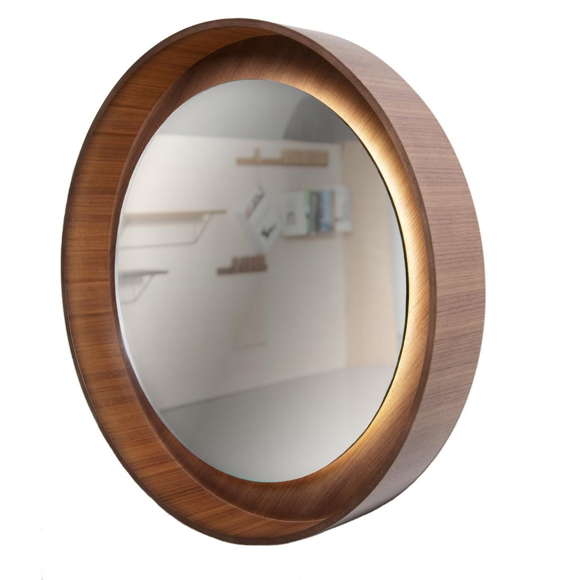 Contemporary Round Backlit Wall Mirror with LED Light in Oak, Dims on Rotation For Sale