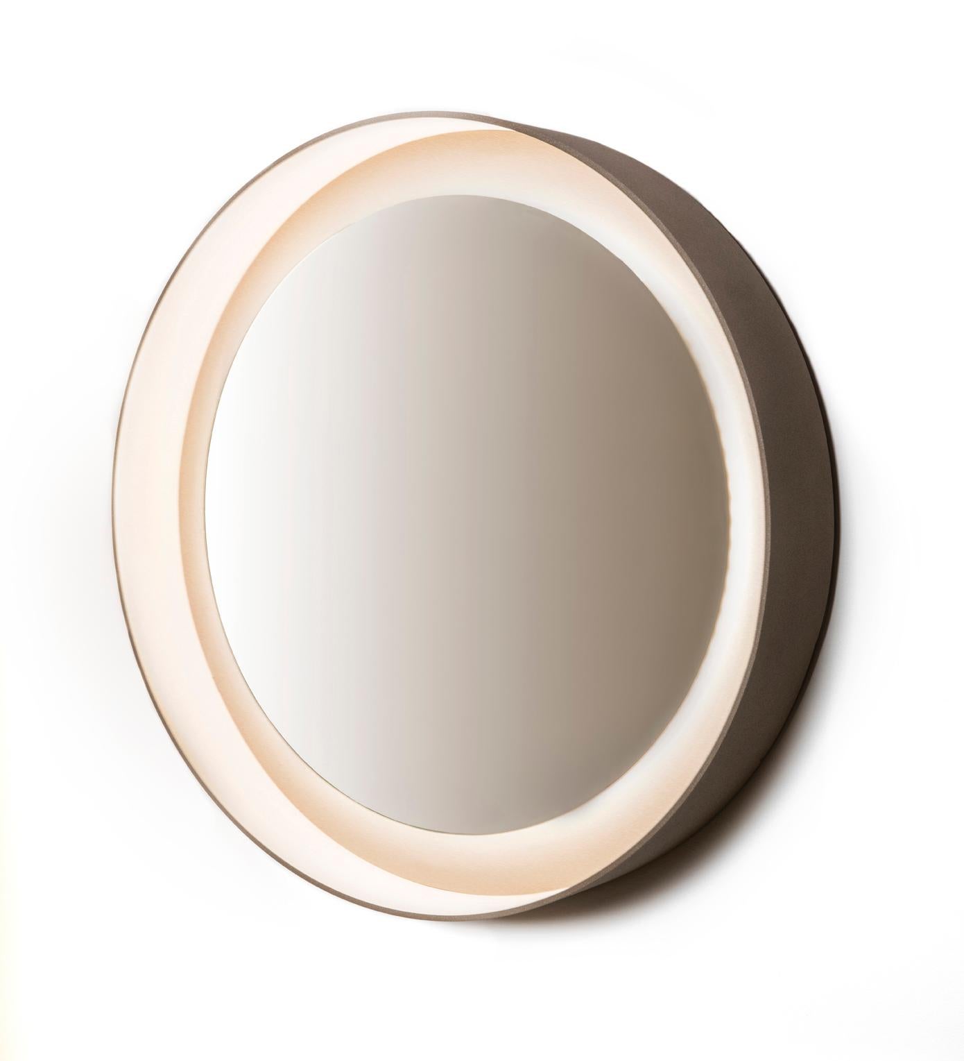 Contemporary Round Backlit Wall Mirror with LED Light in Oak For Sale