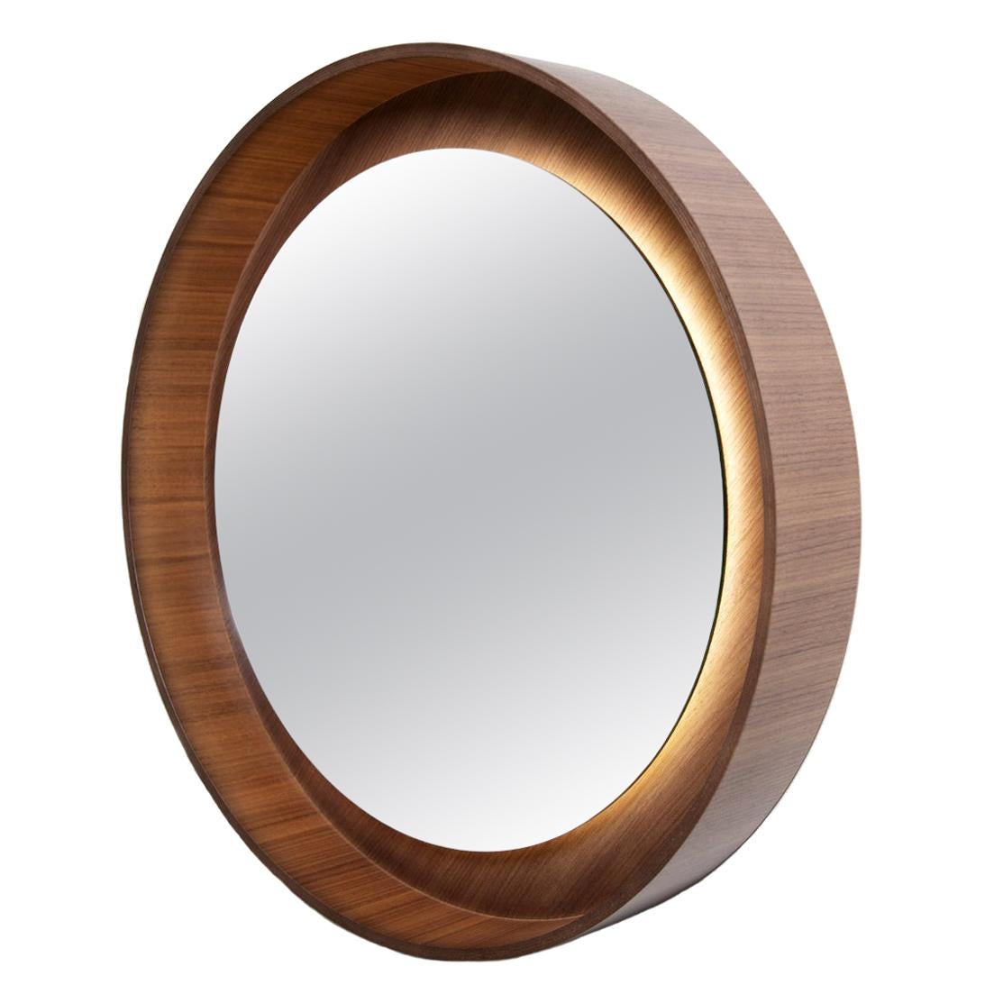 Round Backlit Wall Mirror with LED Light in Walnut For Sale