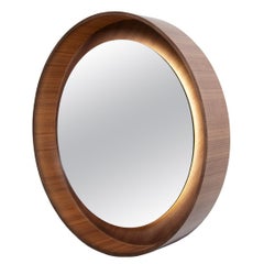 Round Backlit Wall Mirror with LED Light in Walnut