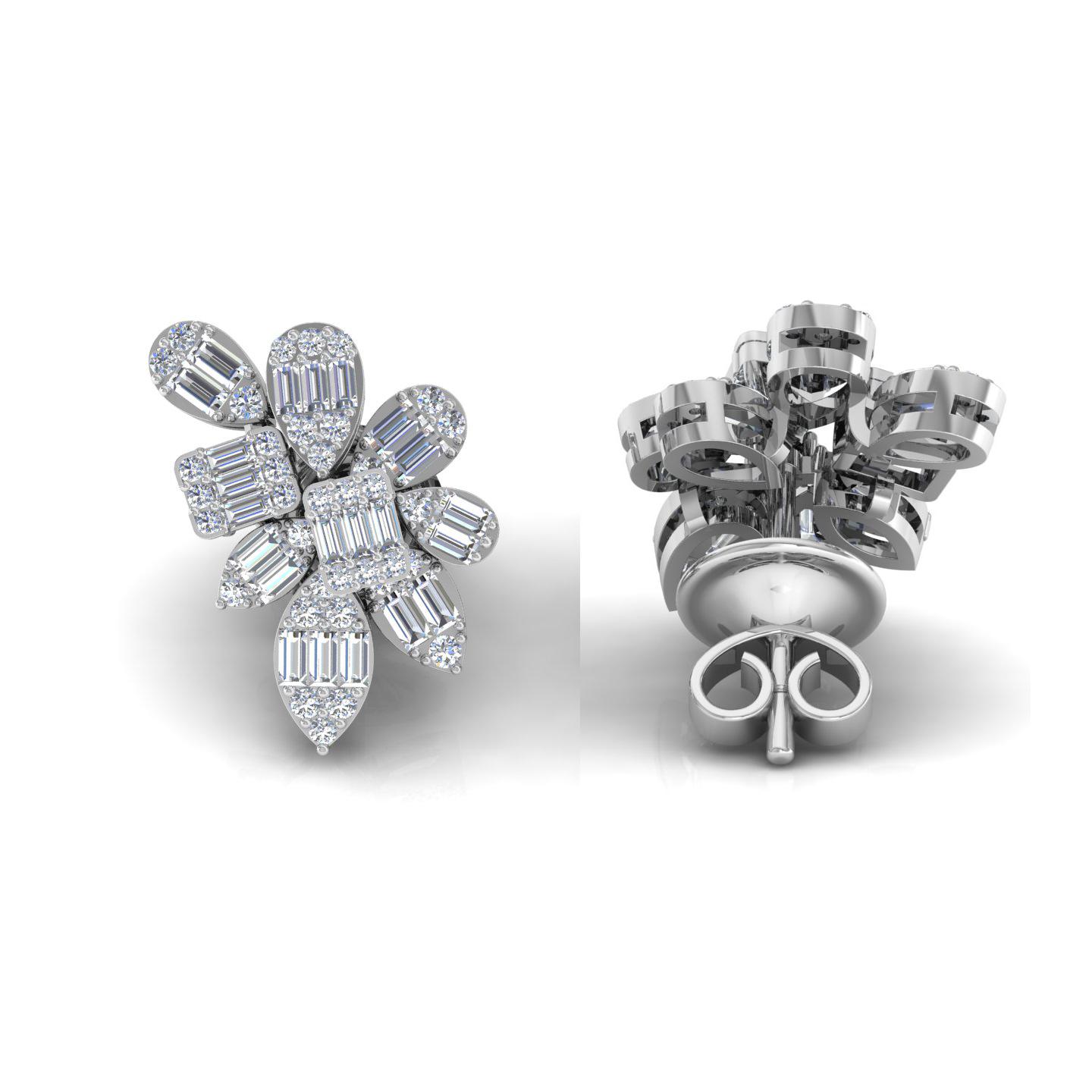Round Baguette 1.1 Carat SI/H Diamond Earrings 18 Karat White Gold Fine Jewelry In New Condition For Sale In Diera, Dubai