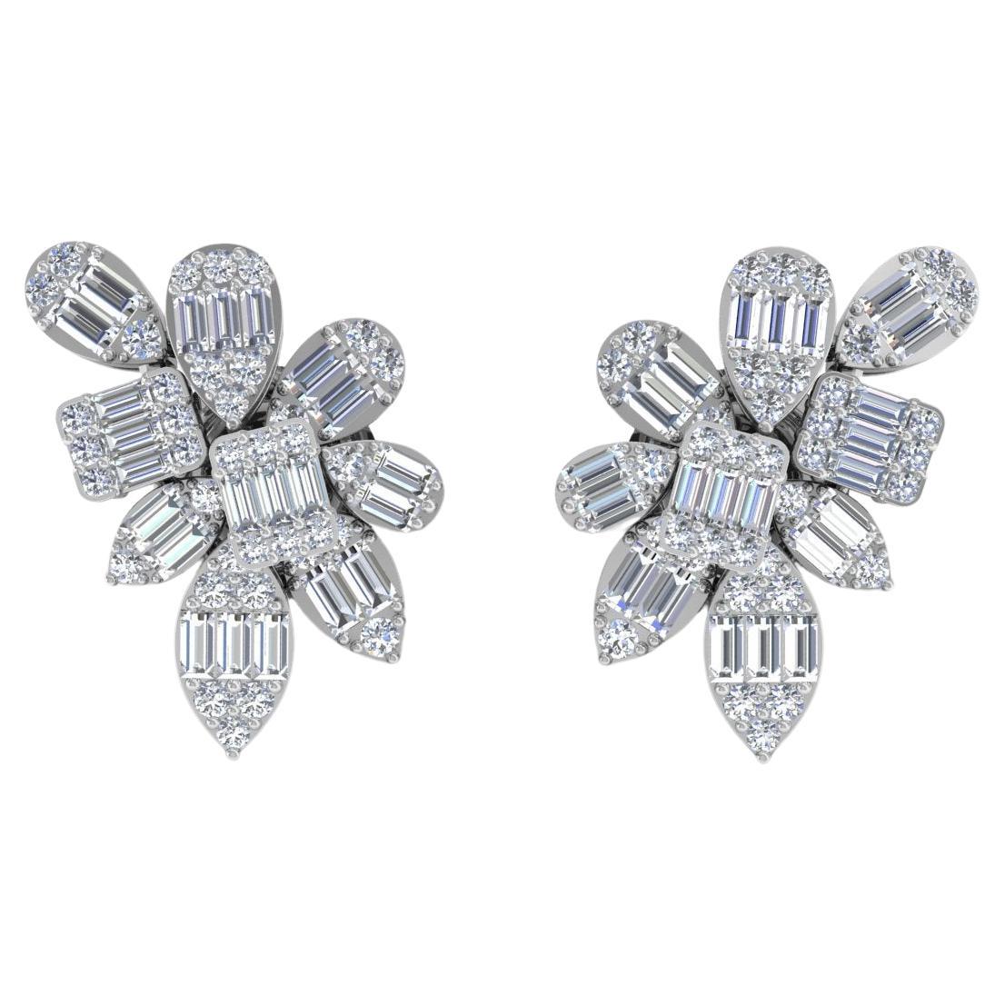 Round Baguette 1.1 Carat SI/H Diamond Earrings 18 Karat White Gold Fine Jewelry