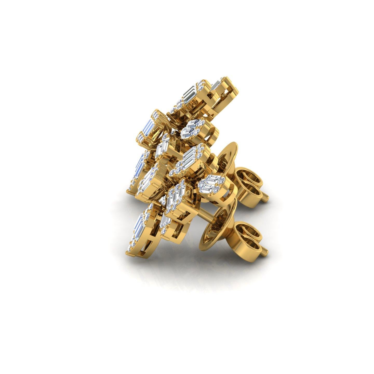 Discover timeless elegance with these Round Baguette Diamond Earrings, crafted in luxurious 18 Karat Yellow Gold. Featuring 1.1 carats of dazzling natural diamonds with an average clarity of SI1-SI2 and a color grade of H-I, these earrings offer a