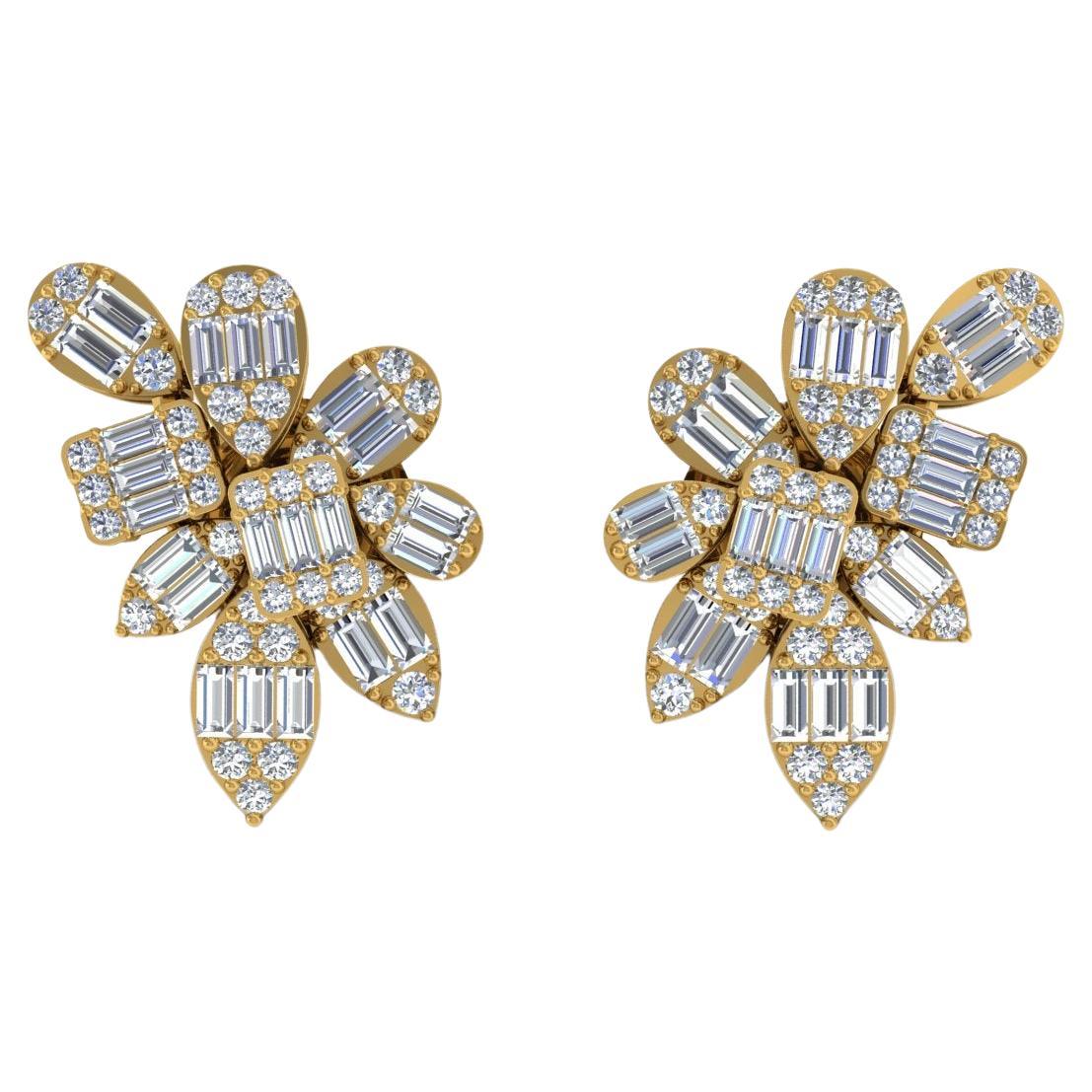 Round Baguette 1.1 Carat SI/H Diamond Earrings 18 Karat Yellow Gold Fine Jewelry