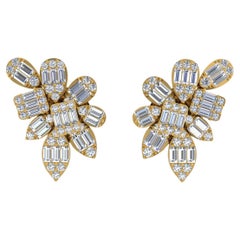 Boucles d'oreilles en or jaune 18 carats avec diamants ronds baguettes de 1,1 carat SI/H