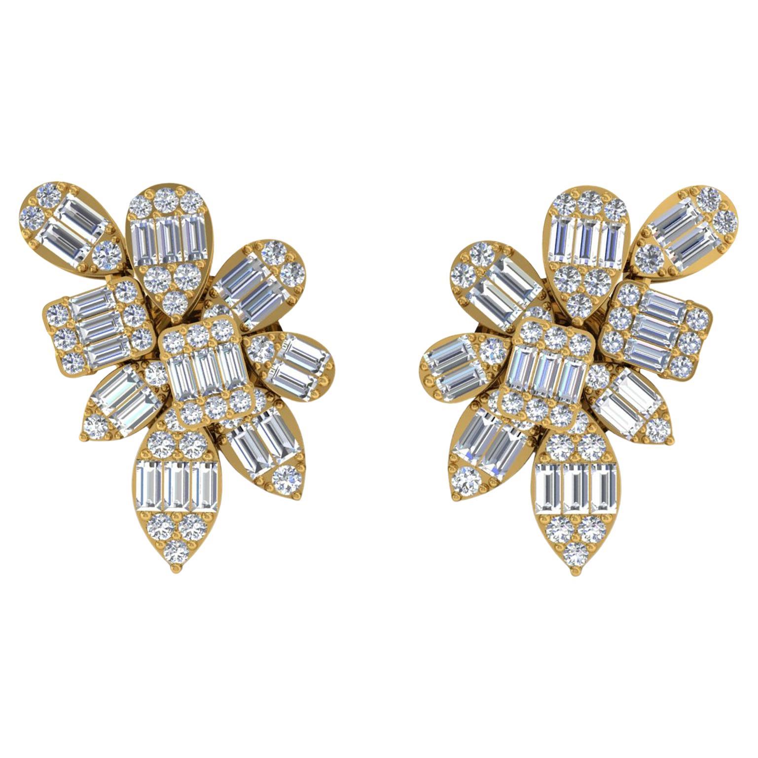 Boucles d
oreilles en or jaune 18 carats avec diamants ronds baguettes de 1,1 carat SI/H