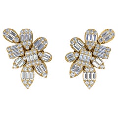 Boucles d
oreilles en or jaune 18 carats avec diamants ronds baguettes de 1,1 carat SI/H