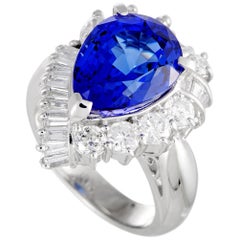 Round, Baguette and Marquise Diamonds and Tanzanite Pear Platinum Ring