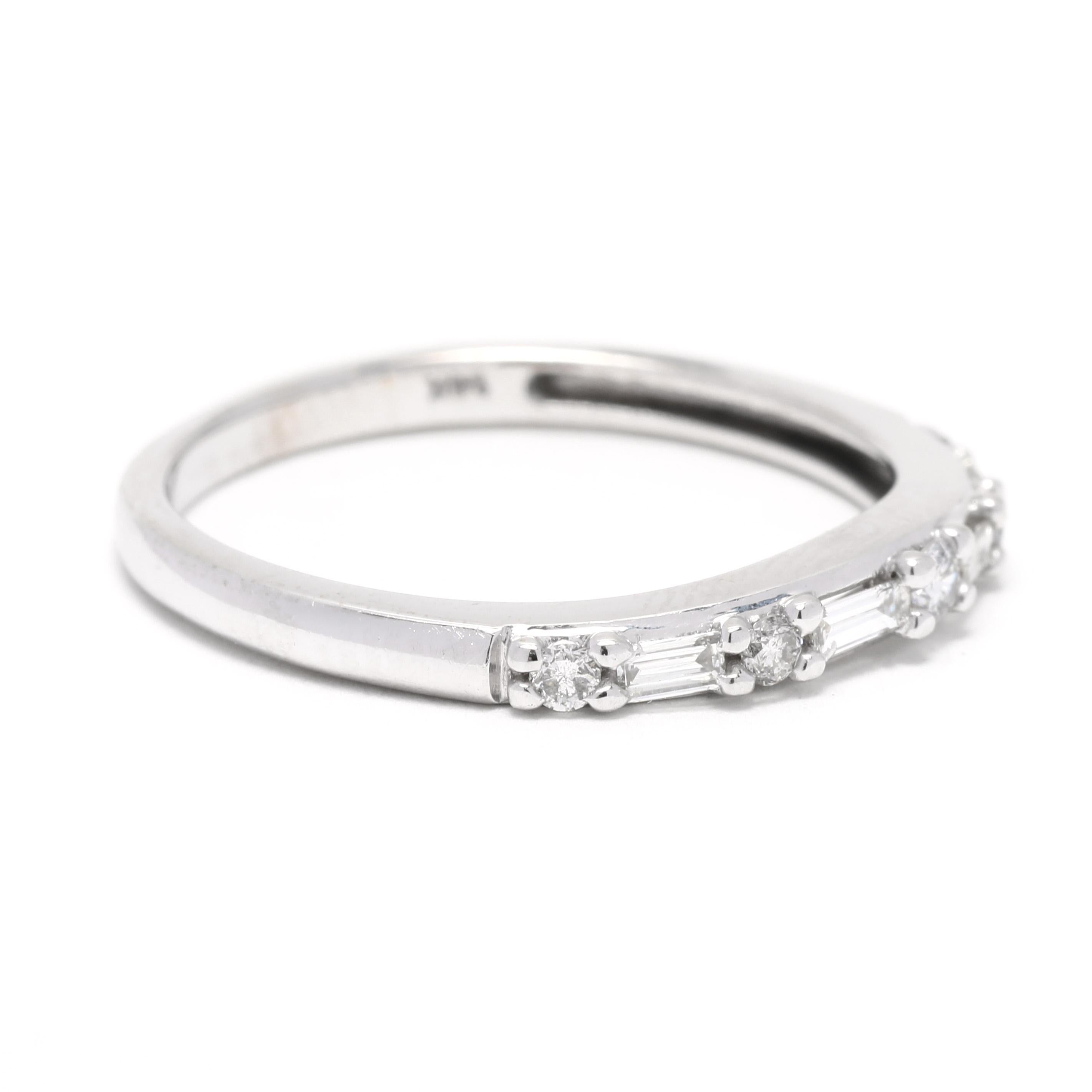 This beautiful and delicate curved diamond wedding band is a perfect choice for stacking or wearing on its own. Crafted in 14K white gold, this ring features a total carat weight of 0.30, with round and baguette-cut diamonds. The curved design adds