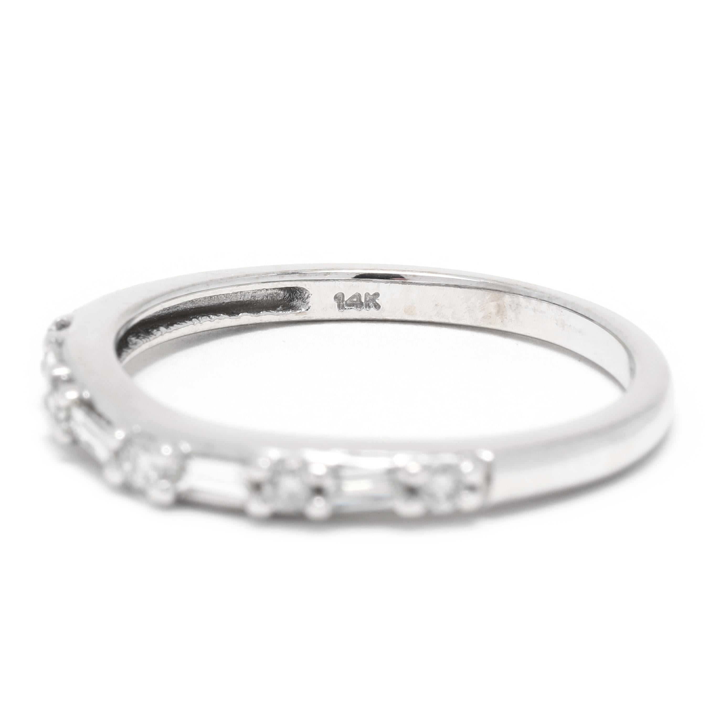 Women's or Men's Round Baguette Curved Diamond Wedding Band, 14K White Gold, Ring Size 7