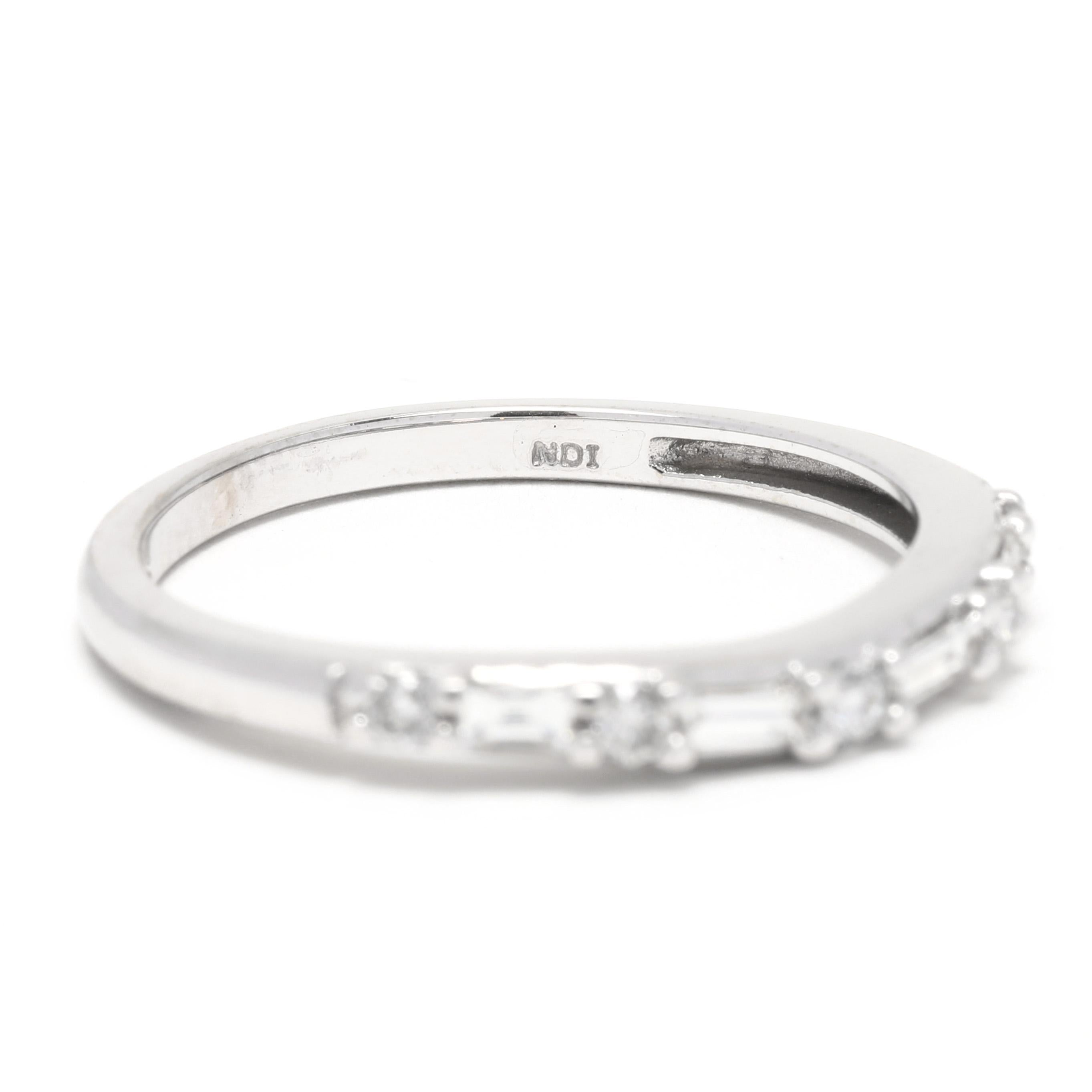 Round Baguette Curved Diamond Wedding Band, 14K White Gold, Ring Size 7 1