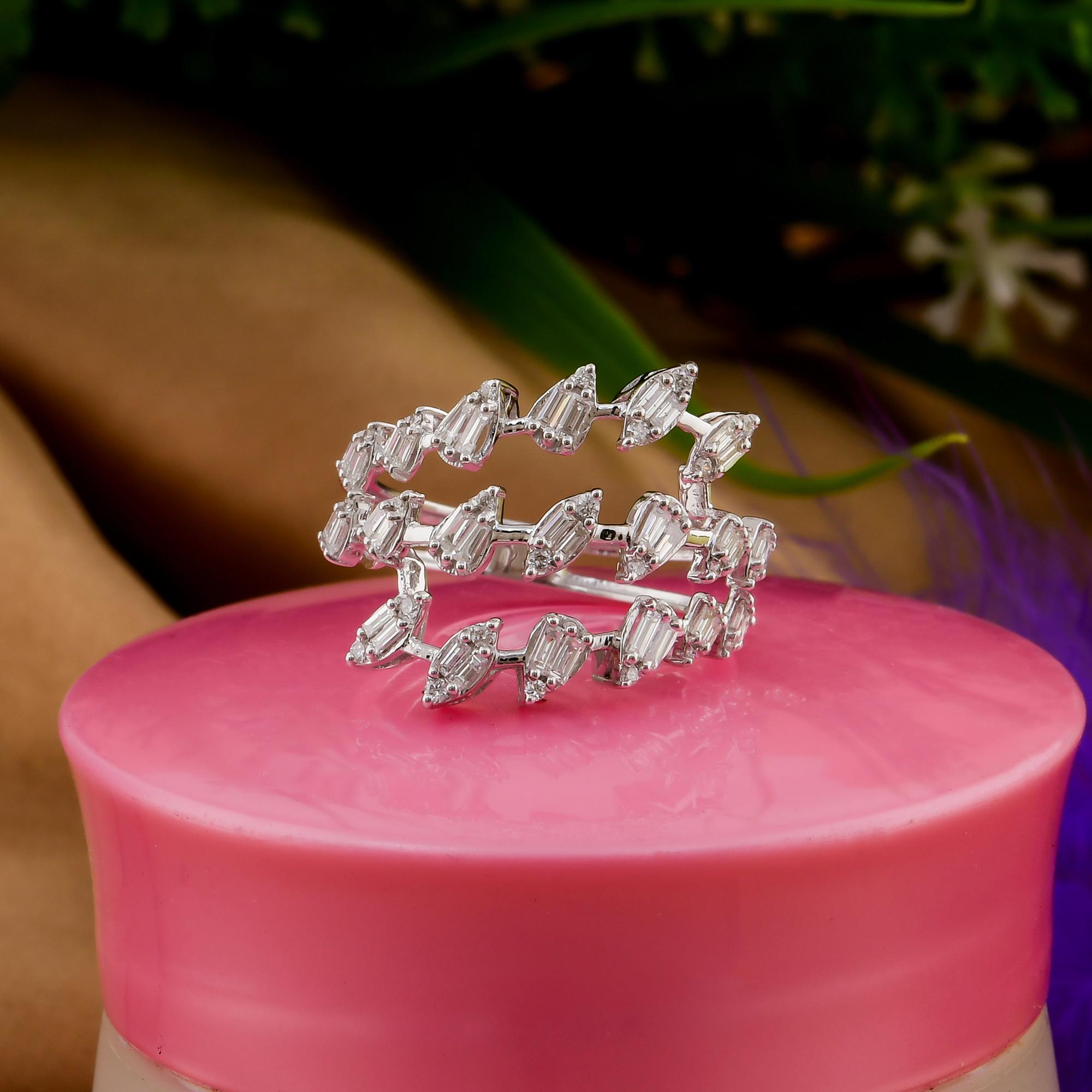 Modern Round Baguette Cut 0.66 Ct SI Clarity HI Color Diamond 18k White Gold Cage Ring For Sale