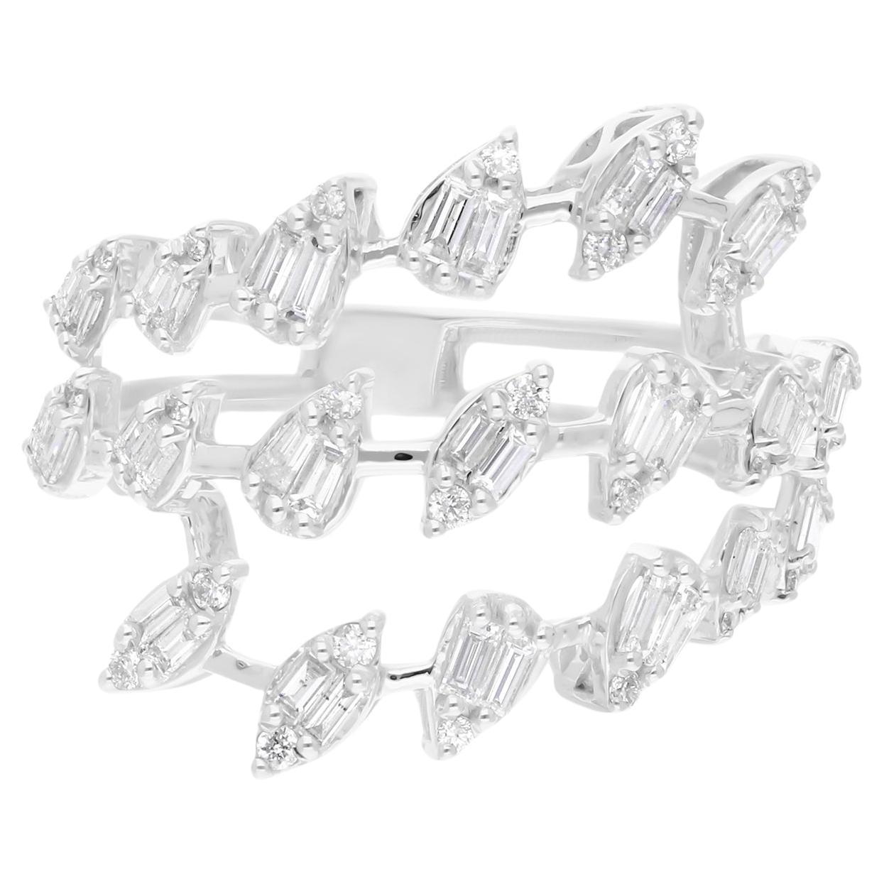 Round Baguette Cut 0.66 Ct SI Clarity HI Color Diamond 18k White Gold Cage Ring