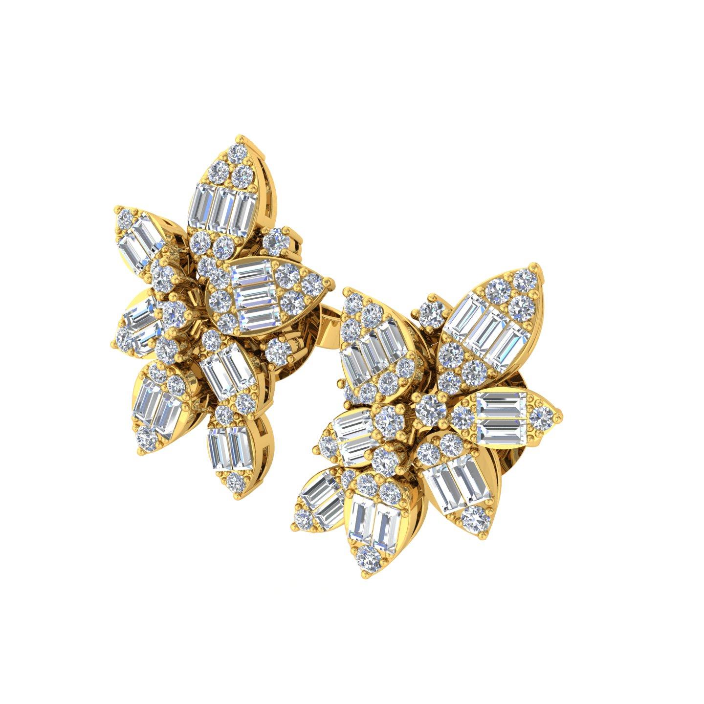 Delight in the elegance of these Floral Design Diamond Earrings, crafted in 14 Karat Yellow Gold. Adorned with 0.95 carats of natural diamonds with an average clarity of SI1-SI2 and a color grade of H-I, these earrings combine round and baguette-cut