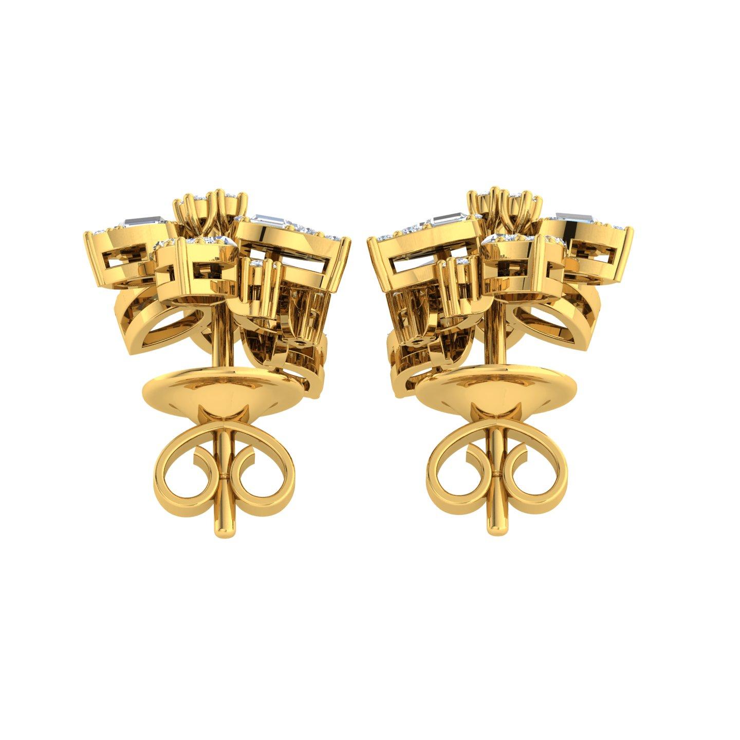 Modern Round Baguette Cut 0.95 Carat SI/H Diamond 14 Karat Yellow Gold Floral Earrings For Sale