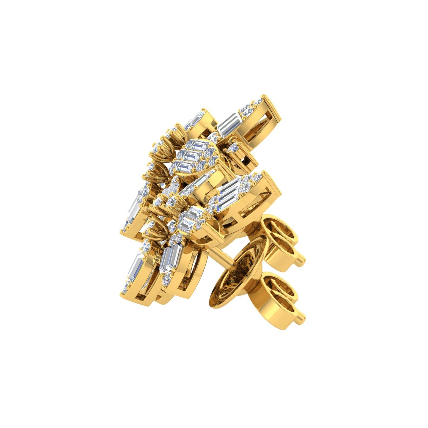 Round Baguette Cut 0.95 Carat SI/H Diamond 14 Karat Yellow Gold Floral Earrings In New Condition For Sale In Diera, Dubai
