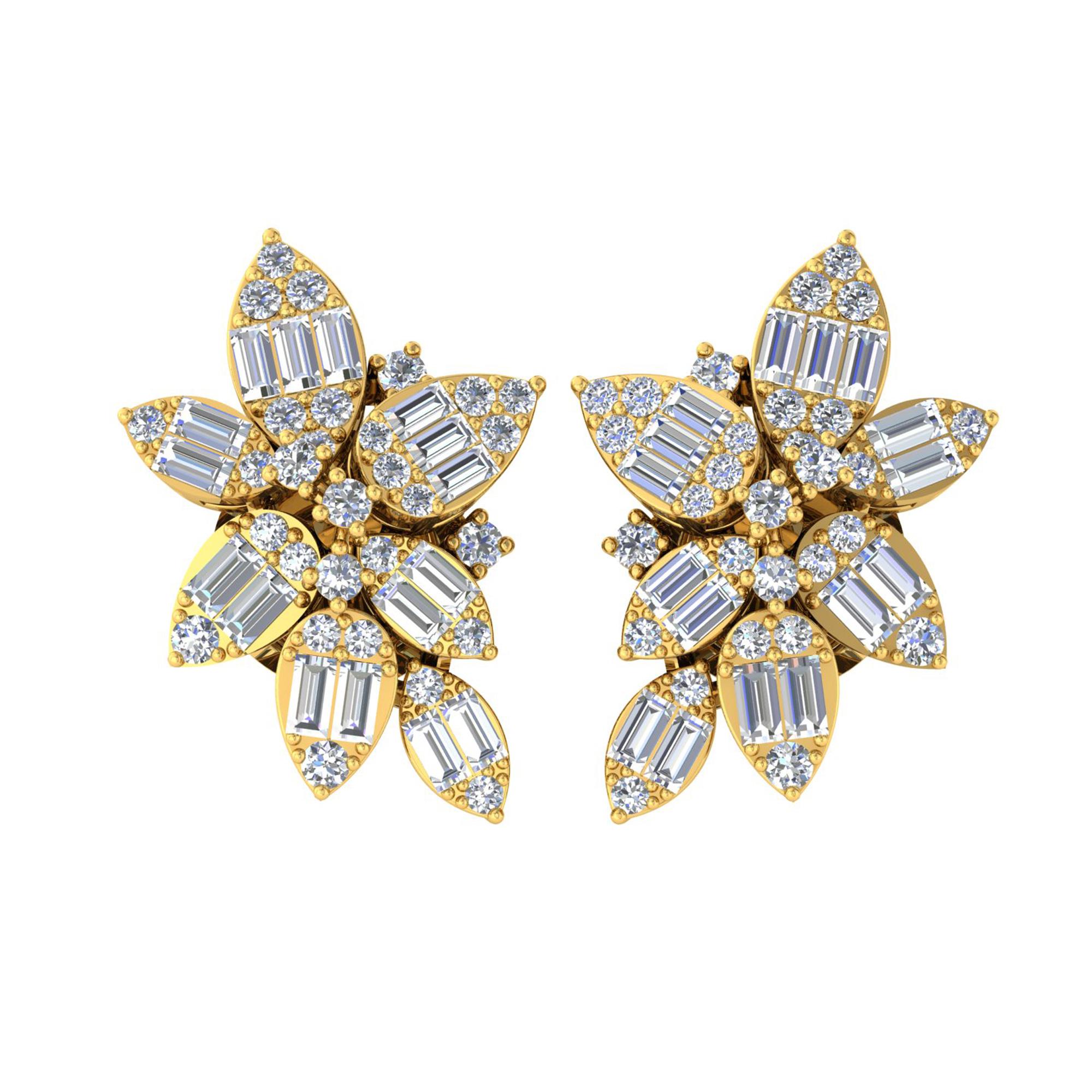 Round Baguette Cut 0.95 Carat SI/H Diamond 14 Karat Yellow Gold Floral Earrings