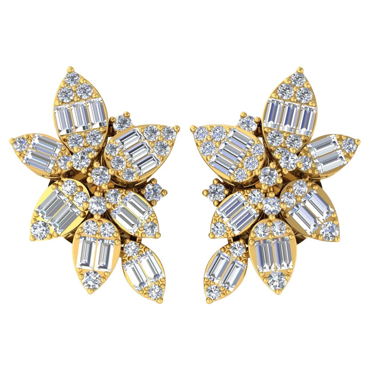 Pendientes florales de oro amarillo de 18 quilates con diamantes talla baguette redondos de 0,95 quilates SI/H