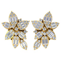 Orecchini floreali in oro giallo 18 carati con diamante tondo taglio baguette da 0,95 carati SI/H
