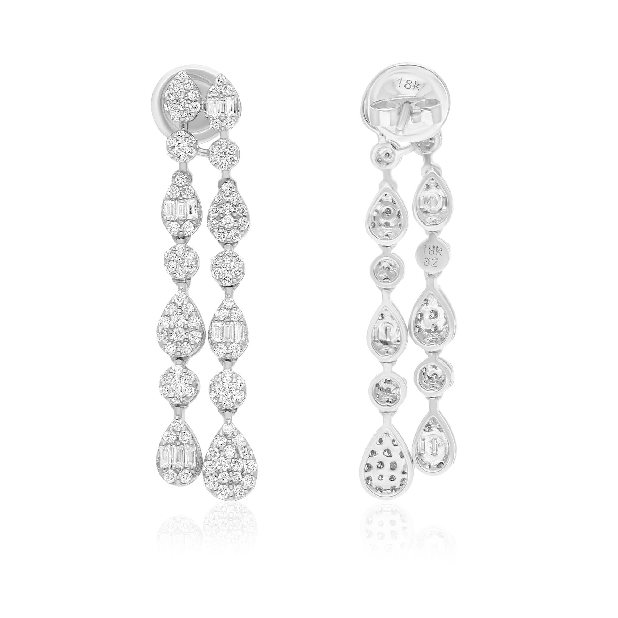 Pendants d'oreilles en or blanc 14 carats avec diamants ronds taille baguette de 1,45 carat SI/H Pour femmes en vente
