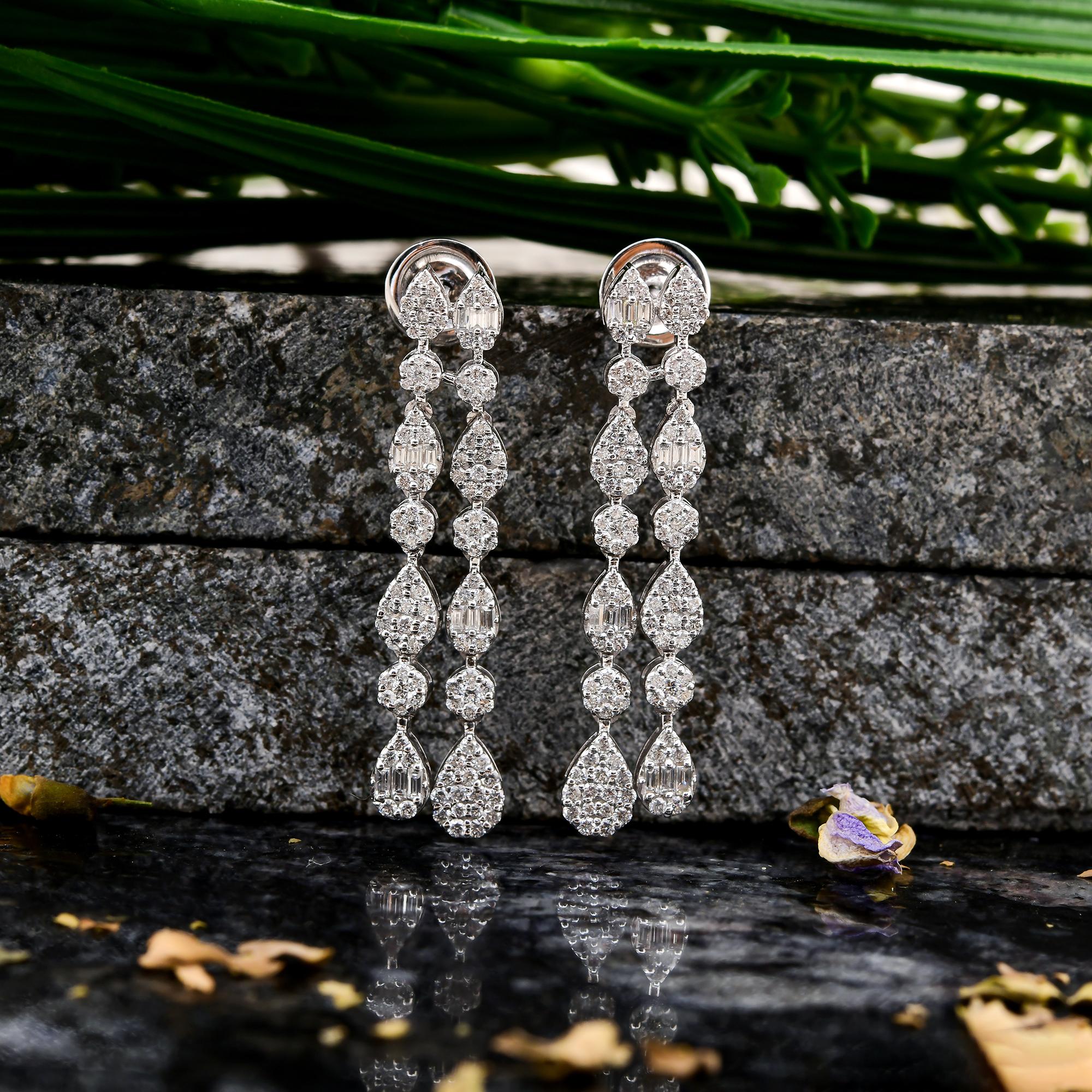 Modern Round Baguette Cut 1.45 Carat SI/H Diamond 14 Karat White Gold Dangle Earrings For Sale