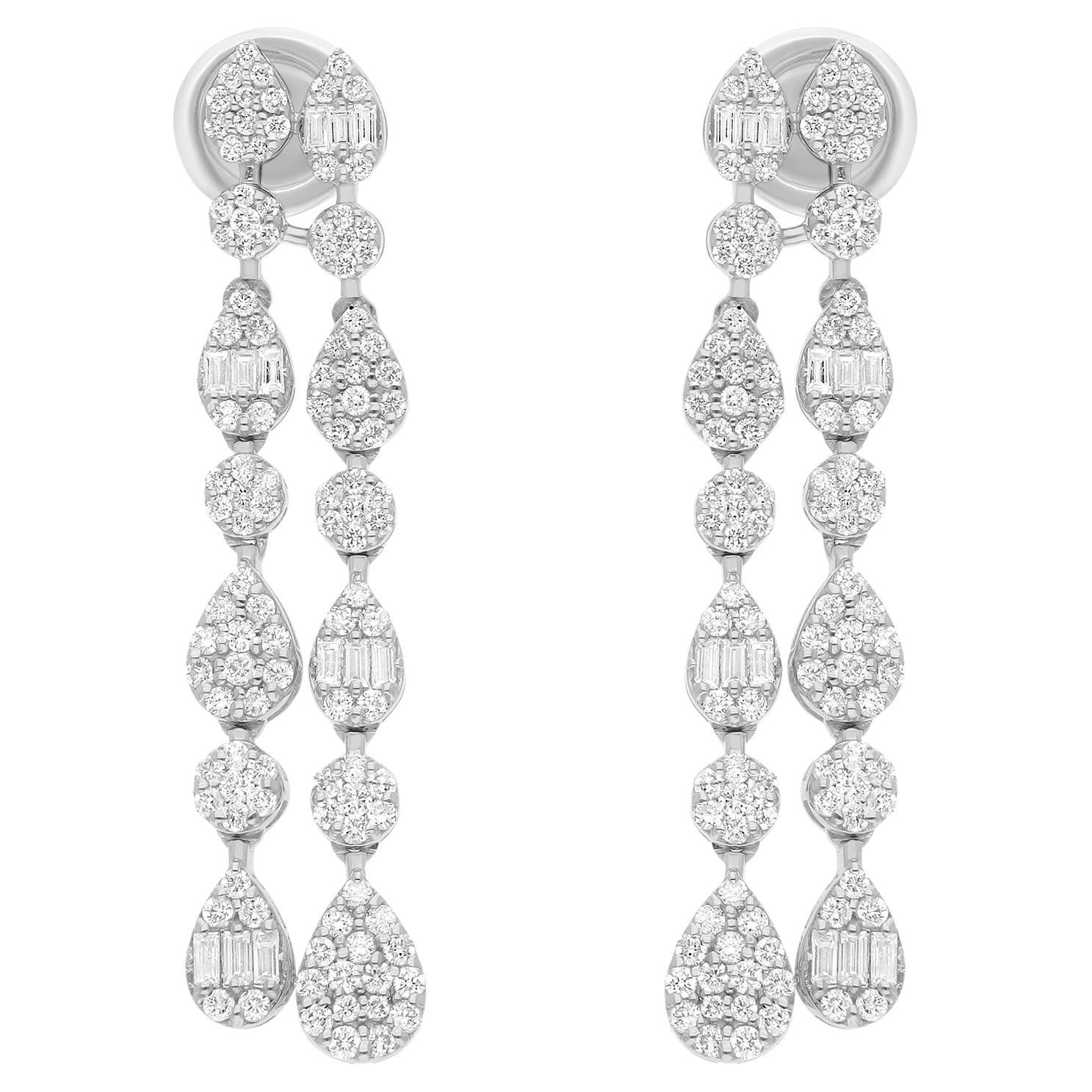 Round Baguette Cut 1.45 Carat SI/H Diamond 18 Karat White Gold Dangle Earrings For Sale