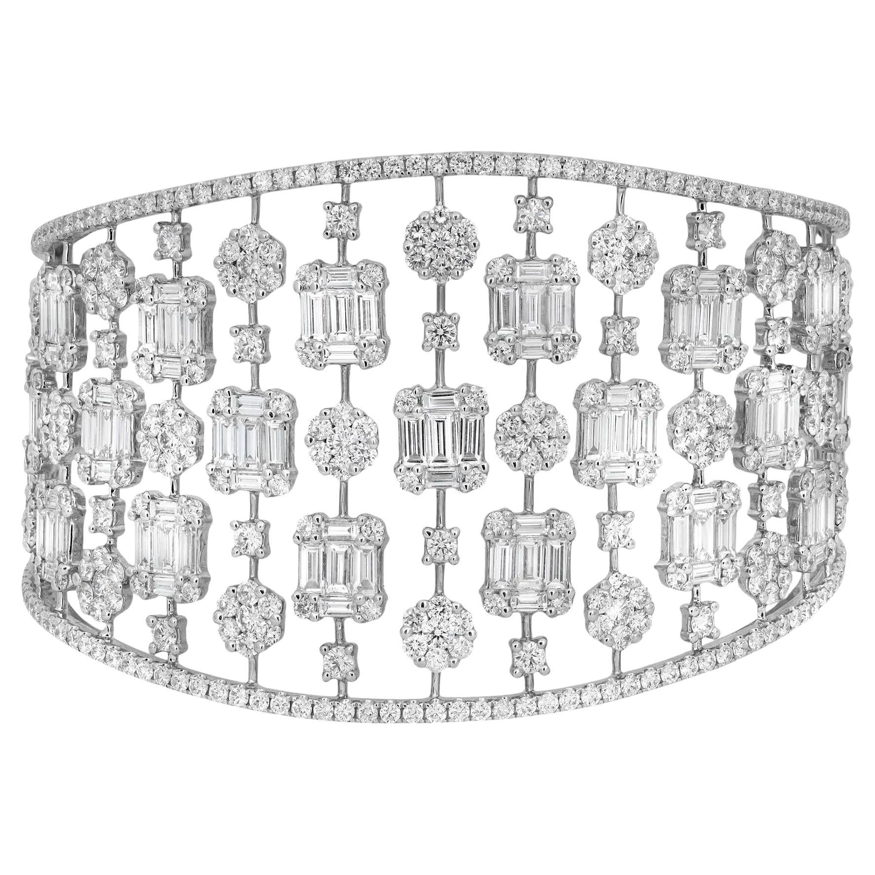 Round & Baguette Cut Diamond Cuff Bangle Bracelet 18K White Gold 17.75Cttw