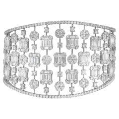 Round & Baguette Cut Diamond Cuff Bangle Bracelet 18K White Gold 17.75Cttw