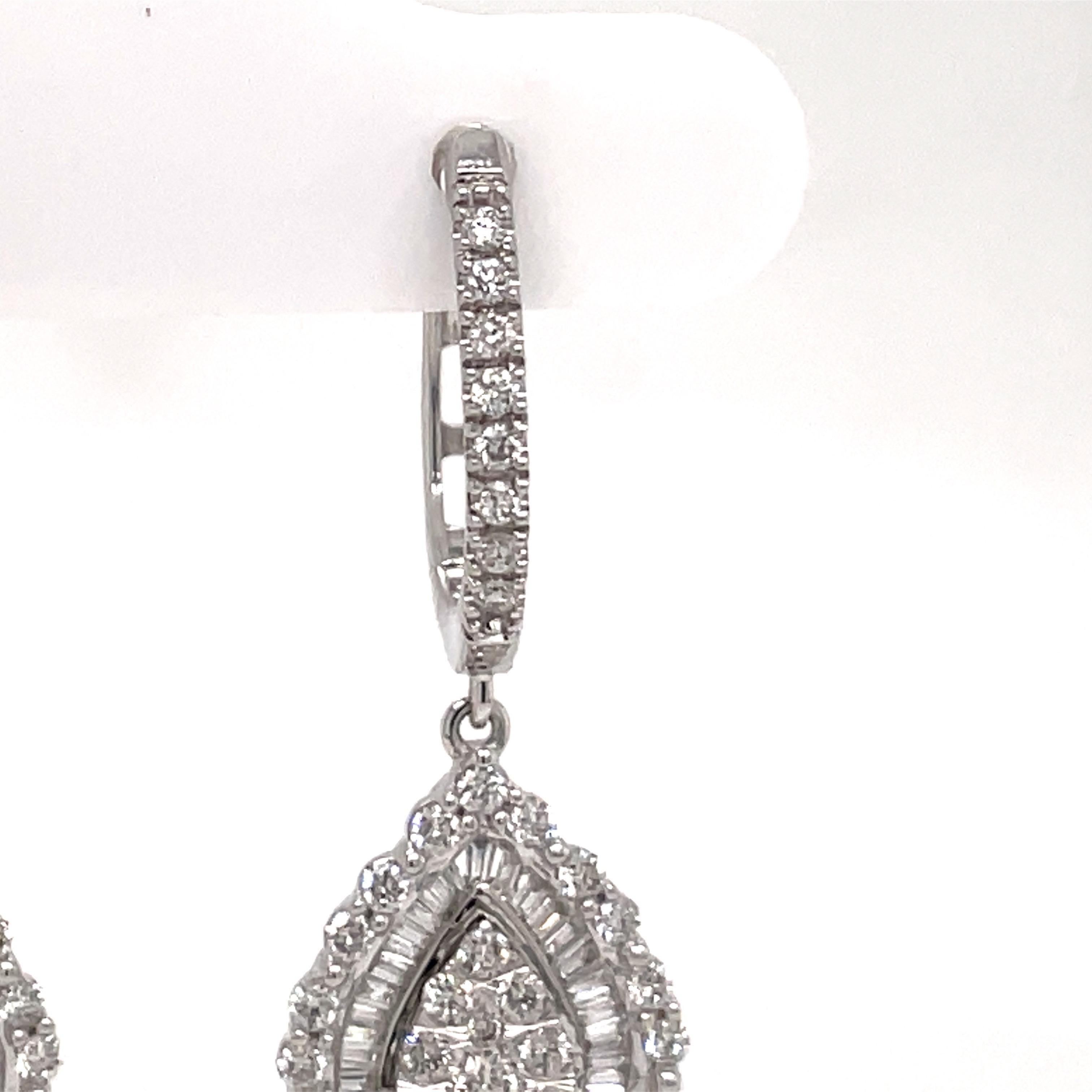 Contemporary Round & Baguette Diamond Cluster Drop Earrings 1 Carat 14 Karat White Gold