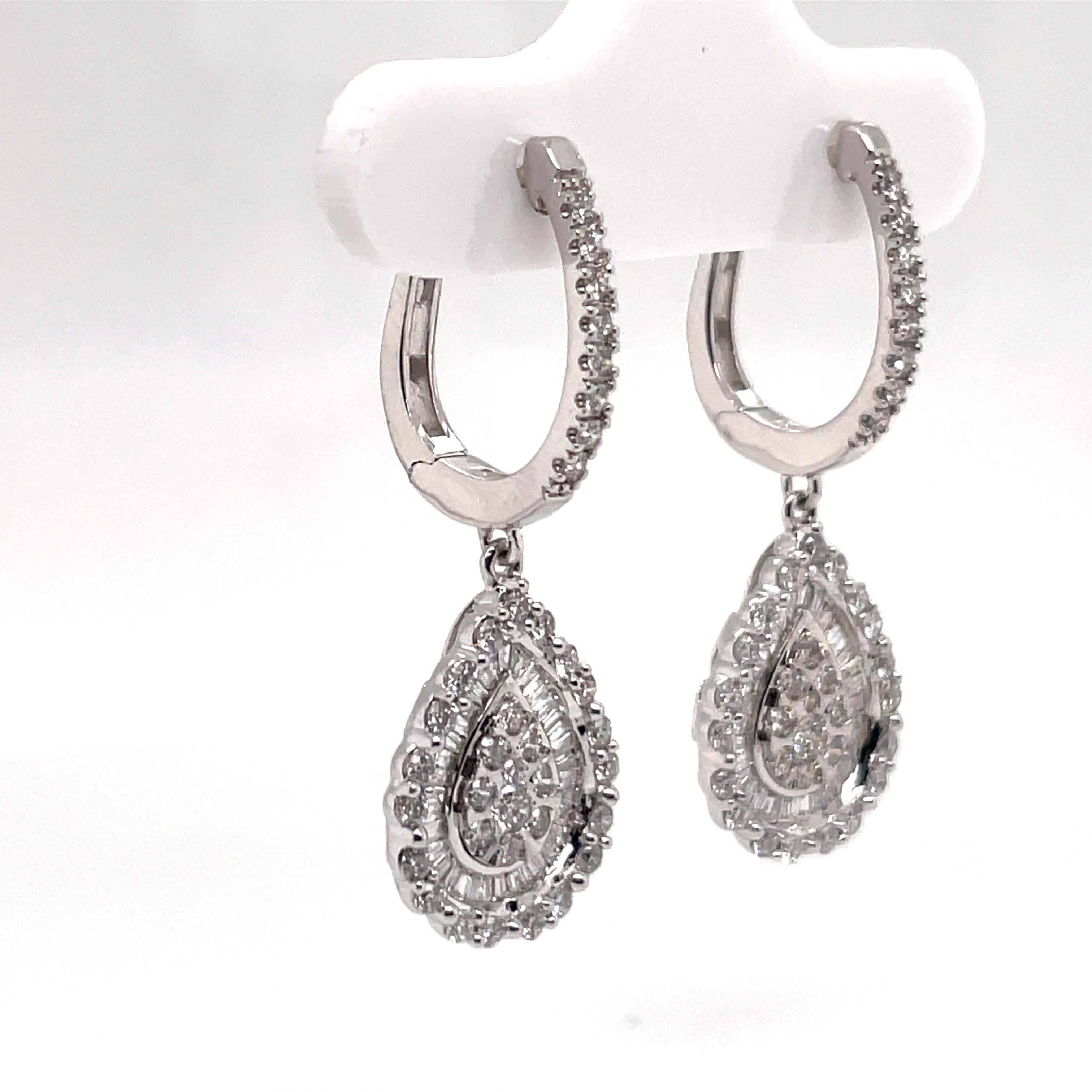Round Cut Round & Baguette Diamond Cluster Drop Earrings 1 Carat 14 Karat White Gold
