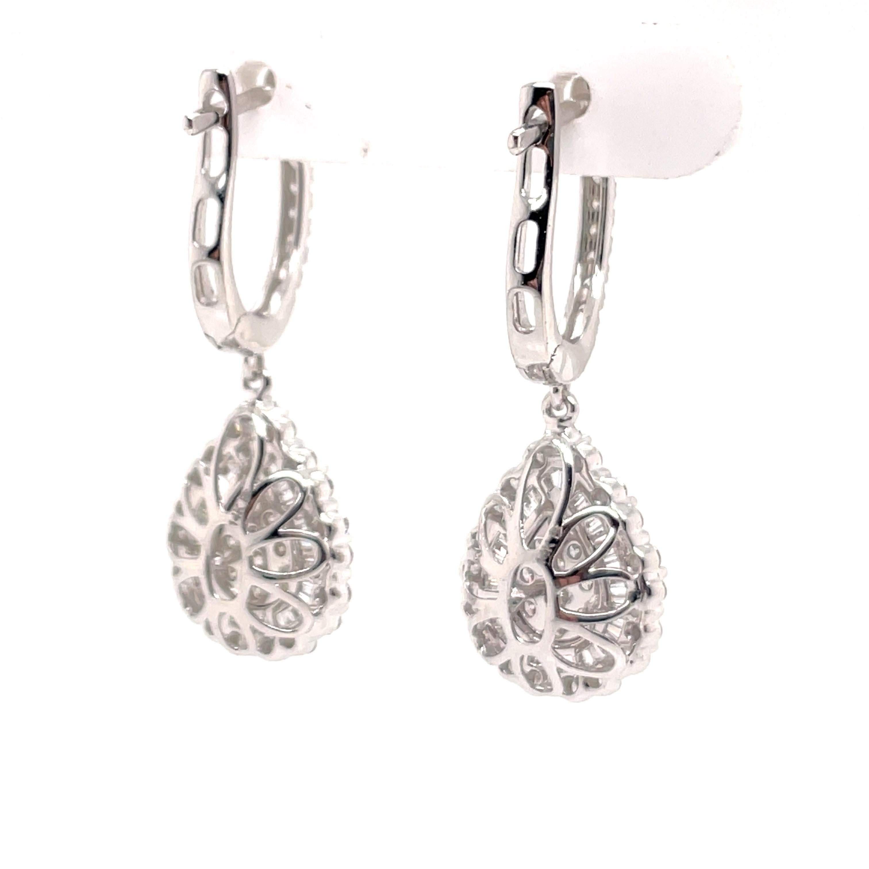 Round & Baguette Diamond Cluster Drop Earrings 1 Carat 14 Karat White Gold In New Condition In New York, NY