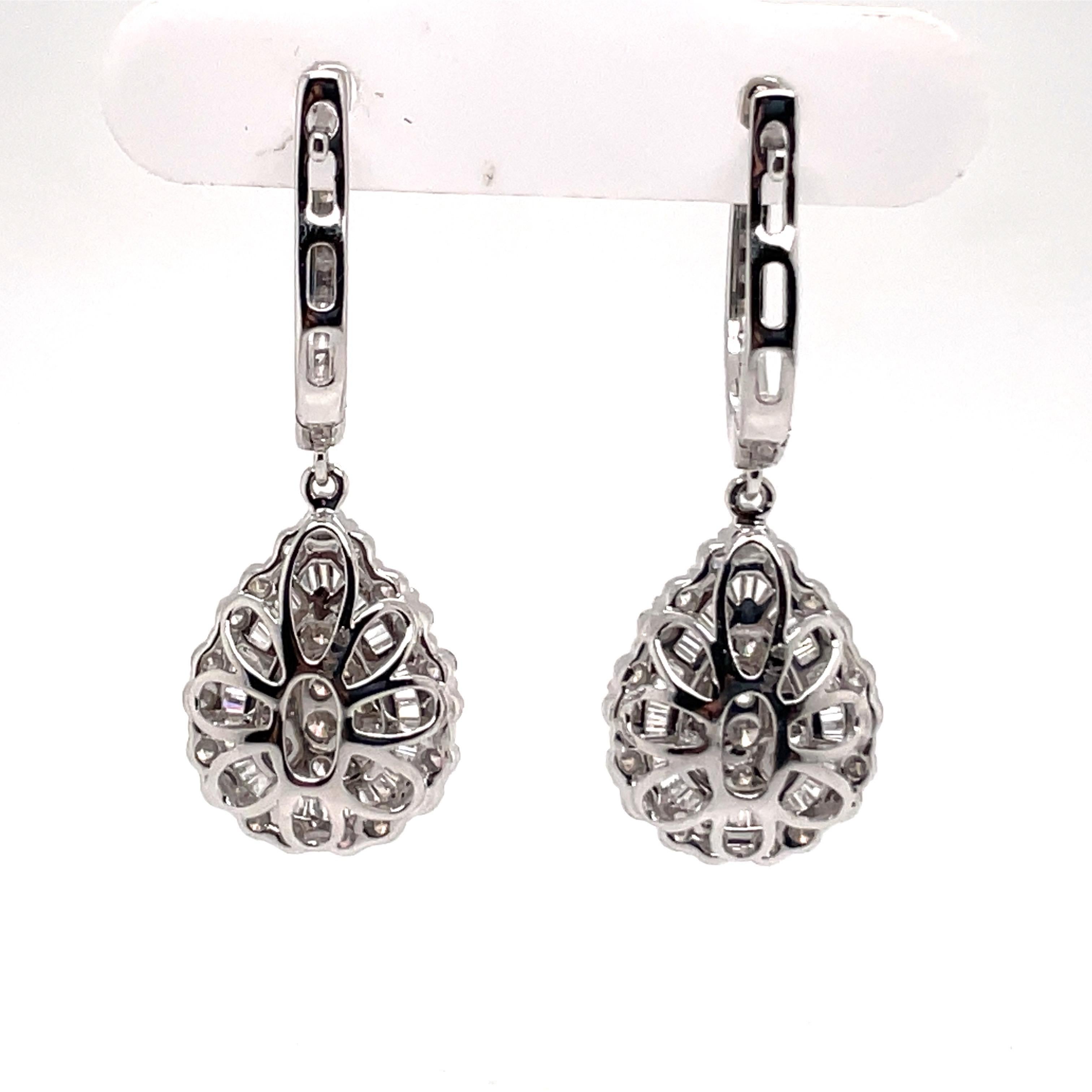 Round & Baguette Diamond Cluster Drop Earrings 1 Carat 14 Karat White Gold 1